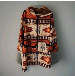 Coat 1X Jacket Womens Hooded Aztec Tribal Navajo Western Equestrian 38" Long